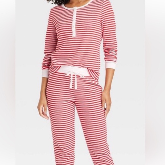 Auden Long John Thermal Pajama PJ Set Red White Stripe Womens Size Large Holiday - Picture 1 of 5